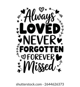 Inspirational typography always loved never forgotten forever missed sympathy message with hearts