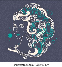 An Inspirational Typography Poster With A Hand Drawn Image Of A Long-haired Woman And A Quote: Deeper Than The Ocean. Vector Image With Romantic Meaning