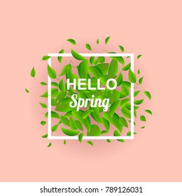 Inspirational typography poster with phrase Hello spring on green leafs background. Vector Illustration.