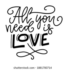 Inspirational valentine's day message - All You Need Is Love - in black text on white background. sentimental vector card design.