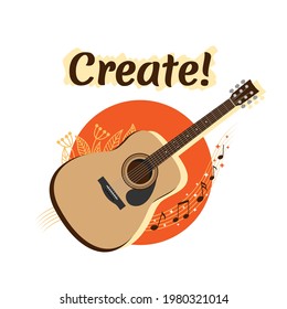 Ilustración vectorial inspiradora con guitarra acústica clásica, plantas elegantes y notas musicales. Hobby musical, imagen motivacional, símbolo de evento musical instrumental.