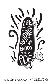 Inspirational vintage black lettering inscribed in skateboard for print, t-shirt, poster, sport and travel emblems, logo. Retro motivational longboard design element. Vector
