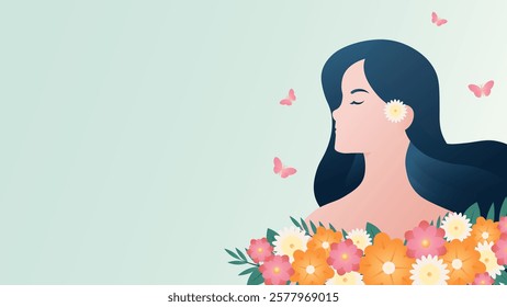 Inspirational Women's Day Vector Illustration Celebrating Femininity with Floral Elements,Delicate Butterflies and Soft Pastels