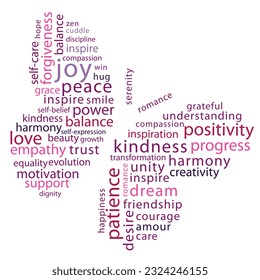 Inspirational word cloud in butterfly shape in purple, pink and red colours