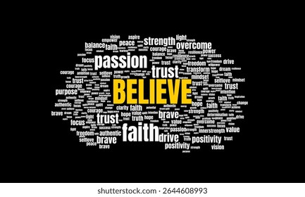 Inspirational Word Cloud with “Believe” and Positive Motivational Words. Suitable for Business and Self Development Theme.