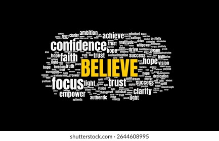Inspirational Word Cloud with “Believe” and Positive Motivational Words. Suitable for Business and Self Development Theme.