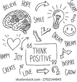 Inspirational words with brain gears lightbulb heart and arrows monochrome line art