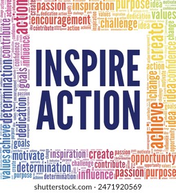 Inspire Action Word Cloud Konzeptionelles Design isoliert auf weißem Hintergrund.