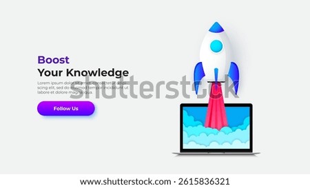 Inspire creativity and learning with a rocket launching from a laptop, symbolizing knowledge enhancement and future innovation