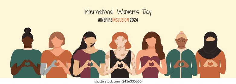 Inspire Inclusion 2024 International Women's Day banner. Diversity Girls with prosthesis and vitiligo, she he they identify. Multiracial crowd of disabled, different figure, age in InspareInclusion