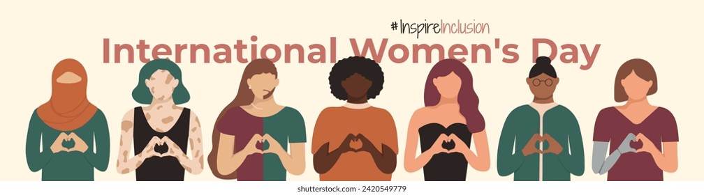 Inspire Inclusion 2024 International Women's Day banner. Diversity Girls with prosthesis and vitiligo, she he they identify IWD. Multiracial crowd of disabled, different figure, age InspareInclusion