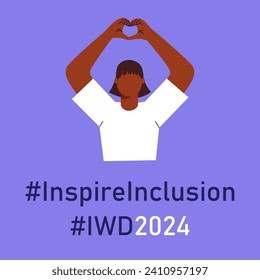 Inspire inclusion banner for International Women's day. IWD 2024 campaign with dark skinned woman making heart gesture and hashtags on purple background. Vector illustration