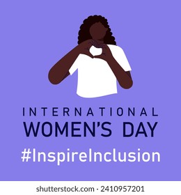 Inspire inclusion banner for International Women's day. IWD 2024 campaign with black skinned woman making heart gesture and slogan on purple background. Vector illustration