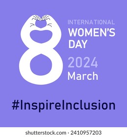 Inspire inclusion banner for International Women's day. IWD 2024 campaign with number 8, heart gesture and hashtag on purple background. Vector illustration