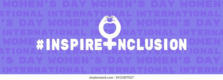 Inspire inclusion banner for International Women's day. IWD 2024 campaign, hashtag with female symbol and heart gesture on purple background with text. Vector illustration