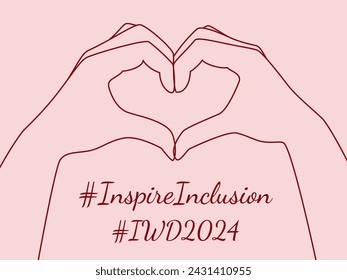 Inspire inclusion banner for International Women's day 2024. One line drawing hands making sign or symbol heart by fingers. 8 march, women's history month concept. Great for print, card, label, web
