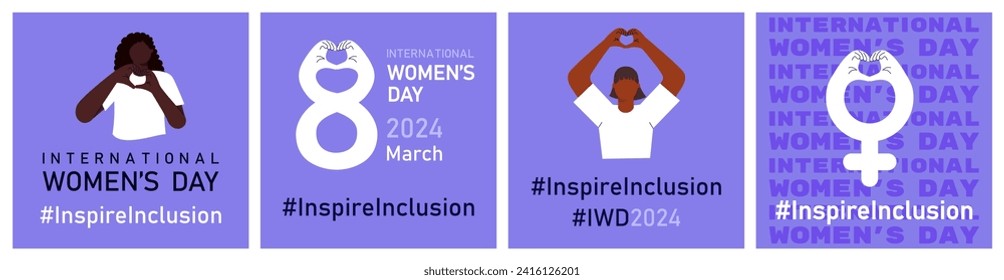 Inspire inclusion banners set for International Women's day. IWD 2024 campaign with diverse women and slogan on purple background. Vector illustration with number 8 and female symbol