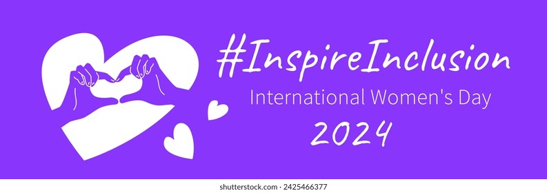 Inspire inclusion campaign heart finger gesture. International Women's Day 2024 theme banner. Hand drawn human hands make heart symbol to stop discrimination and stereotypes. Gender equal world