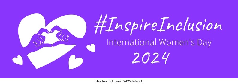 Inspire inclusion campaign heart finger gesture. International Women's Day 2024 theme banner. Hand drawn human hands make heart symbol to stop discrimination and stereotypes. Gender equal world