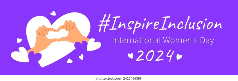 Inspire inclusion campaign heart finger gesture. International Women's Day 2024 theme banner. Cartoon human hands make heart symbol to stop discrimination and stereotypes. Gender equal inclusive world