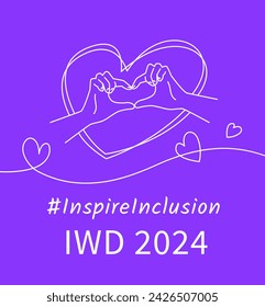 Inspire inclusion campaign heart finger gesture. International Women's Day 2024 linear theme banner. Hand drawn thin line human hands make heart symbol to stop discrimination and stereotypes.