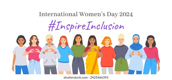 Inspire la campaña de inclusión. Banner temático del Día Internacional de la Mujer 2024. Sonrientes mujeres diversas se abrazan y hacen símbolo del corazón con las manos para detener la discriminación y los estereotipos.