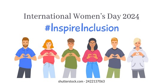 Inspire inclusion campaign pose. International Women's Day 2024 theme. Smiling diverse women and men make heart symbol with hands to stop discrimination and stereotypes. Gender equal inclusive world