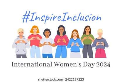 Inspire inclusion campaign pose. International Women's Day 2024 theme. Smiling diverse women make heart symbol with their hands to stop discrimination and stereotypes. Gender equal inclusive world