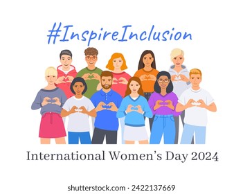 Inspire inclusion campaign pose. International Women's Day 2024 theme. Smiling diverse women and men make heart symbol with hands to stop discrimination and stereotypes. Gender equal inclusive world