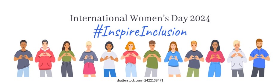 Inspire inclusion campaign pose. International Women's Day 2024 theme. Smiling diverse women and men make heart symbol with hands to stop discrimination and stereotypes. Gender equal inclusive world