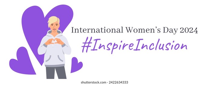 Inspire inclusion campaign pose. International Women's Day 2024 theme banner. Smiling young woman makes heart symbol with her hands to stop discrimination and stereotypes. Gender equal inclusive world