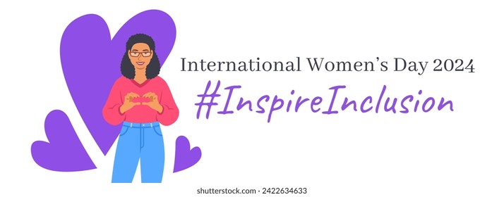 Inspire inclusion campaign pose. International Women's Day 2024 theme banner. Smiling black woman makes heart symbol with her hands to stop discrimination and stereotypes. Gender equal inclusive world