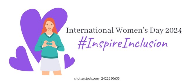 Inspire inclusion campaign pose. International Women's Day 2024 theme banner. Smiling young woman makes heart symbol with her hands to stop discrimination and stereotypes. Gender equal inclusive world