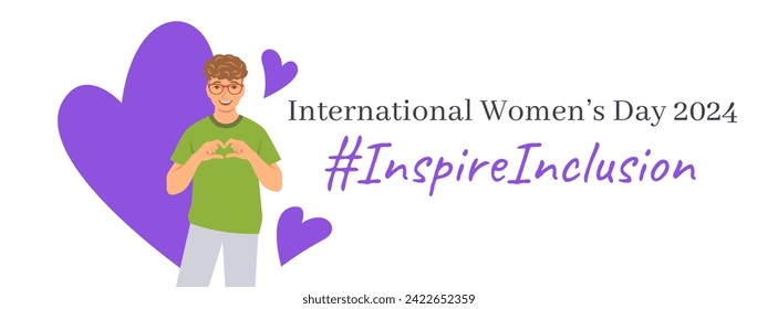 Inspire inclusion campaign pose. International Women's Day 2024 theme banner. Smiling young man makes heart symbol with his hands to stop discrimination and stereotypes. Gender equal inclusive world