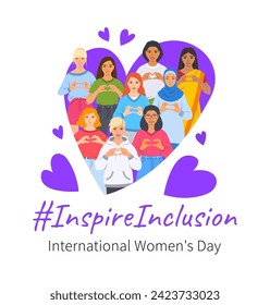 Inspire inclusion campaign pose. International Women's Day 2024 theme banner. Smiling diverse women make heart symbol with hands to stop discrimination and stereotypes. Gender equal inclusive world