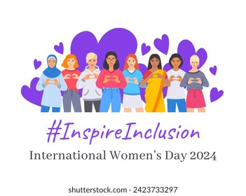 Inspire inclusion campaign pose. International Women's Day 2024 theme banner. Smiling diverse women make heart symbol with hands to stop discrimination and stereotypes. Gender equal inclusive world