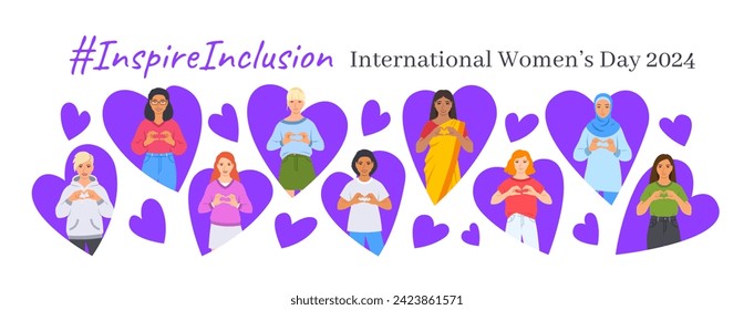 Inspire inclusion campaign pose. International Women's Day 2024 theme banner. Smiling diverse women make heart symbol with hands to stop discrimination and stereotypes. Gender equal inclusive world