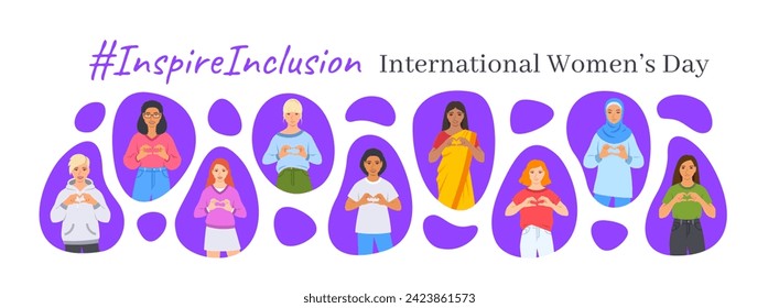 Inspire inclusion campaign pose. International Women's Day 2024 theme banner. Smiling diverse women make heart symbol with hands to stop discrimination and stereotypes. Gender equal inclusive world
