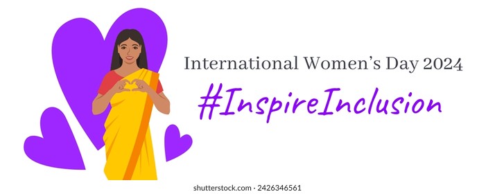 Inspire inclusion campaign pose. International Women's Day 2024 theme banner. Smiling Indian woman makes heart symbol with hands to stop discrimination and stereotypes. Gender equal inclusive world