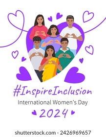 Inspire inclusion campaign pose. International Women's Day 2024 theme poster. Smiling Indian women and men make heart symbol with hands to stop discrimination and stereotypes. Gender inclusive world