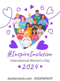 Inspire la postura de la campaña de inclusión. Afiche del Día Internacional de la Mujer 2024. Diversos hombres y mujeres hacen símbolo del corazón con las manos para detener la discriminación y los estereotipos. Igualdad de género en el mundo inclusivo