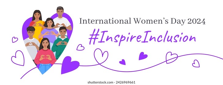 Inspire inclusion campaign pose. International Women's Day 2024 theme banner. Smiling Indian women and men make heart symbol with hands to stop discrimination and stereotypes. Gender inclusive world