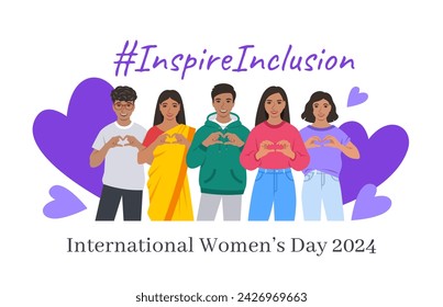 Inspire inclusion campaign pose. International Women's Day 2024 theme banner. Smiling Indian women and men make heart symbol with hands to stop discrimination and stereotypes. Gender inclusive world