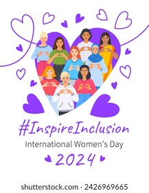 Inspire inclusion campaign pose. International Women's Day 2024 theme banner. Smiling diverse women make heart symbol with hands to stop discrimination and stereotypes. Gender equal inclusive world