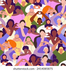 Inspire inclusion concept seamless pattern with diverse faceless women making heart gesture for International Women's day. IWD 2024 print ideal for t shirt, tee, card. Vector illustration