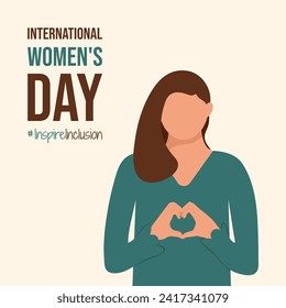 Inspire Inclusion International Women's Day 2024 poster. Woman fold her hands with heart for IWD postcard. Minimalist greeting card with InspireInclusion slogan and beautiful girl for print.