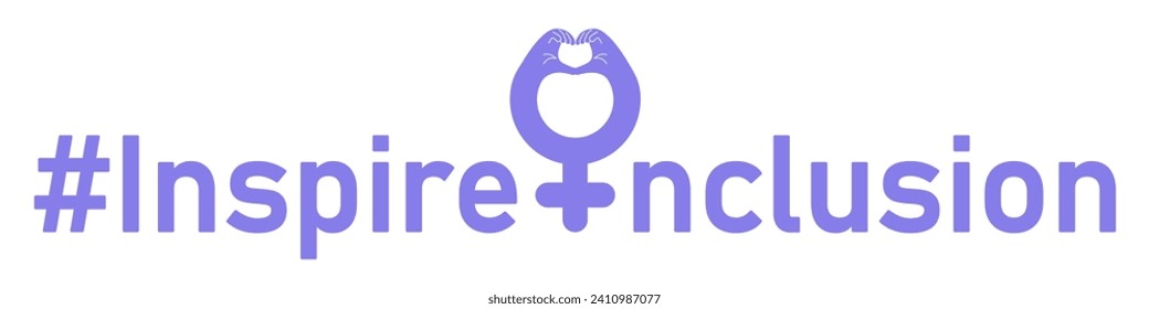 Inspire inclusion slogan for International Women's day. IWD 2024 campaign, purple hashtag with female symbol and heart gesture isolated on transparent background. Vector illustration