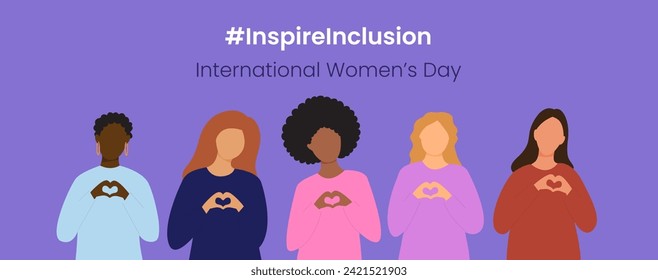 Inspire Inclusion slogan International Women's Day 8 march 2024. Iwd world campaign. Vector women's characters on violet background