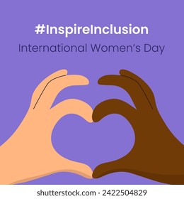 Inspire Inclusion slogan International Women's Day 8 march 2024. Iwd world campaign. Vector woman's hands on heart gesture on violet background