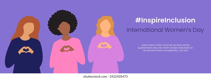 Inspire Inclusion slogan International Women's Day 8 march 2024. Iwd world campaign. Vector women's characters on violet background